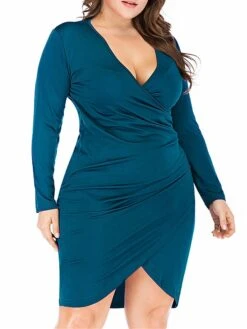 Women‘s Plus Size Curve Work Dress Sheath Dress Semi Formal Dress Fashion Midi Dress Ruched V Neck Long Sleeve Plain Regular Fit Black Wine Blue Fall Winter XL XXL 3XL 4XL 5XL -HAYz Clothing Shop jacbzj1691401448141