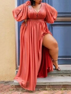 Women‘s Plus Size Curve Party Dress Solid Color V Neck Ruched 3/4 Length Sleeve Spring Fall Elegant Formal Prom Dress Maxi Long Dress Party Back To School Dress Homecoming Dress -HAYz Clothing Shop jafdyj1644831904368