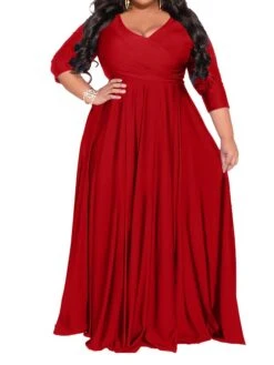 Women‘s Plus Size Curve Party Dress Pure Color V Neck 3/4 Length Sleeve Fall Spring Elegant Maxi Long Dress Party Evening Party Dress