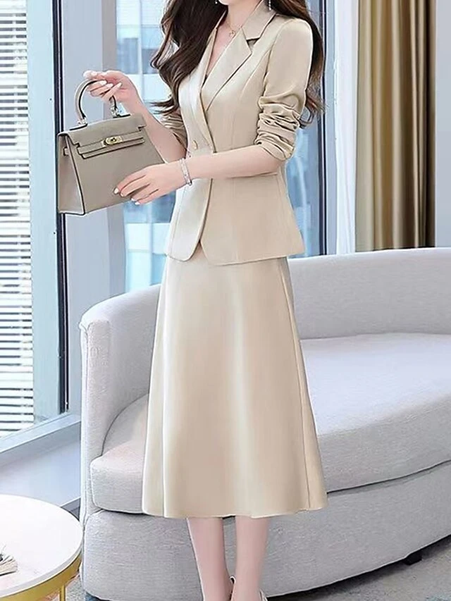 Women's Two Piece Dress Set Work Dress Skirt Set Formal Office Streetwear Elegant Button Pocket Midi Dress Shirt Collar Long Sleeve Plain Regular Fit Black Purple Beige Fall Winter M L XL XXL 3XL 5 Women's Two Piece Dress Set Work Dress Skirt Set Formal Office Streetwear Elegant Button Pocket Midi Dress Shirt Collar Long Sleeve Plain Regular Fit Black Purple Beige Fall Winter M L XL XXL 3XL - Image 5