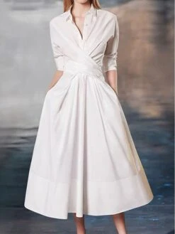 Women's Casual Dress Cotton Linen Dress Swing Dress Midi Dress Cotton Blend Fashion Modern Outdoor Daily Shirt Collar Button Pocket Half Sleeve Summer Spring Fall 2023 Regular Fit Rose Red Plain S M