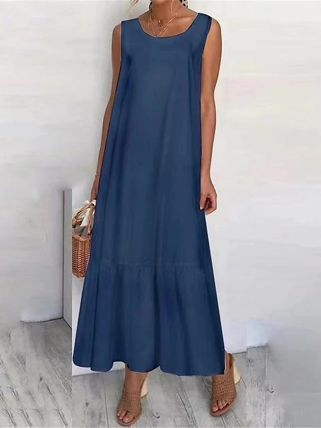 Women's Casual Dress Cotton Linen Dress Swing Dress Maxi Long Dress Linen / Cotton Blend Basic Classic Outdoor Daily Vacation Crew Neck Ruffle Sleeveless Summer Spring 2023 Regular Fit Black White 3 Women's Casual Dress Cotton Linen Dress Swing Dress Maxi Long Dress Linen / Cotton Blend Basic Classic Outdoor Daily Vacation Crew Neck Ruffle Sleeveless Summer Spring 2023 Regular Fit Black White - Image 3