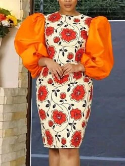 Women‘s Plus Size Curve Party Dress Cocktail Dress Wedding Guest Dress Midi Dress Orange 3/4 Length Sleeve Floral Print Spring Fall Winter Crew Neck Fashion Winter Dress Wedding Guest Vacation 2023