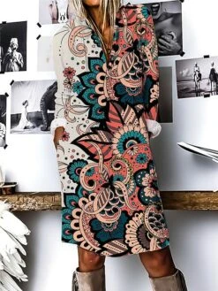 Women's Shirt Dress Casual Dress Cotton Linen Dress Midi Dress Polyester Fashion Casual Daily Outdoor Daily Vacation Shirt Collar Button Print 3/4 Length Sleeve Fall Winter Autumn 2023 Loose Fit