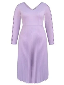 Women's Plus Size Curve Party Dress Work Dress Swing Dress Plain Midi Dress Long Sleeve Pleated Cut Out V Neck Fashion Party Purple Fall Winter XL XXL 3XL 4XL -HAYz Clothing Shop jdqjte1694165774098