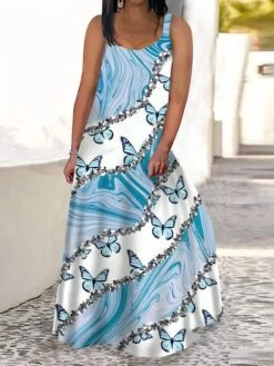Women‘s Plus Size Curve Casual Dress Swing Dress Tank Dress Color Block Butterfly Long Dress Maxi Dress Sleeveless Print V Neck Modern Daily Blue Sky Blue Summer Spring L XL XXL 3XL 4XL