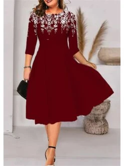 Women‘s Plus Size Curve A Line Dress Floral Crew Neck Print 3/4 Length Sleeve Spring Fall Elegant Casual Midi Dress Daily Vacation Dress 3D Print -HAYz Clothing Shop jdvhsz1661854835958