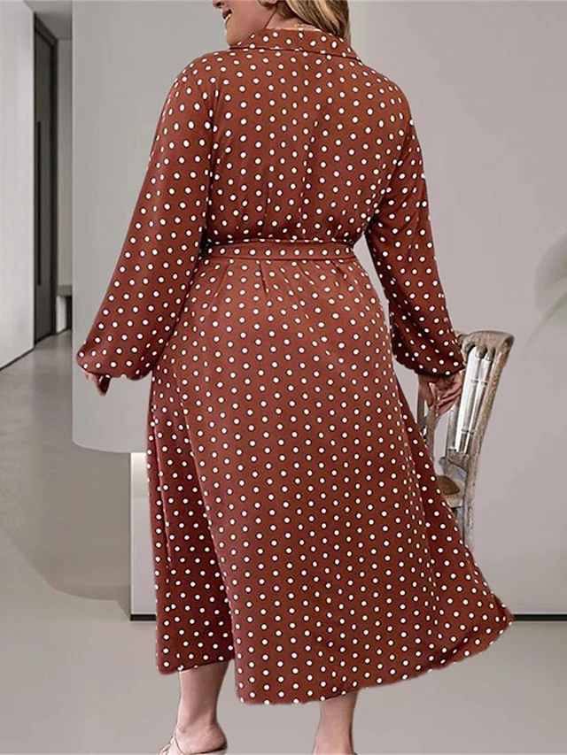 Women's Plus Size Curve Casual Dress Winter Dress Sheath Dress Polka Dot Midi Dress Long Sleeve Lace Up Ruched V Neck Fashion Outdoor Brown Fall Winter L XL XXL 3XL 4XL 2 Women's Plus Size Curve Casual Dress Winter Dress Sheath Dress Polka Dot Midi Dress Long Sleeve Lace Up Ruched V Neck Fashion Outdoor Brown Fall Winter L XL XXL 3XL 4XL - Image 2