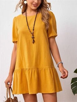 Women's Casual Dress Cotton Linen Dress A Line Dress Mini Dress Cotton Blend Basic Casual Outdoor Daily Crew Neck Ruched Short Sleeve Summer Spring 2023 Loose Fit Black Yellow Sky Blue Plain S M L XL