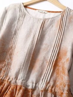 Women's Casual Dress Linen Dress Midi Dress Linen Fashion Romantic Outdoor Daily Holiday Crew Neck Pocket Print 3/4 Length Sleeve Fall Winter Autumn 2023 Loose Fit Blue Orange Painting Flower M L XL -HAYz Clothing Shop jebcxm1694418652699