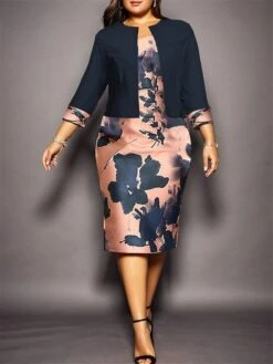 Women's Plus Size Curve Casual Dress Dress Set Two Piece Dress Floral Midi Dress Long Sleeve Print Crew Neck Fashion Outdoor Yellow Pink Fall Winter L XL XXL 3XL 4XL