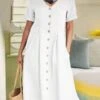 Women's Casual Dress Cotton Linen Dress A Line Dress Maxi Long Dress Cotton Blend Basic Elegant Outdoor Daily Vacation V Neck Button Pocket Short Sleeve Summer Spring Fall 2023 Regular Fit Black