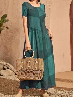 Women's Casual Dress Swing Dress Summer Dress Long Dress Maxi Dress Polyester Streetwear Casual Outdoor Daily Holiday Crew Neck Patchwork Short Sleeve Summer Spring 2023 Loose Fit Red Blue Purple -HAYz Clothing Shop jelzhj1681297399941