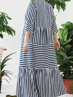 Women's Shirt Dress Casual Dress Maxi Long Dress Outdoor Daily Date Cotton Polyester Fashion Basic Stand Collar Patchwork Button Long Sleeve Fall 2023 Loose Fit Blue Striped L XL 2XL 3XL 4XL -HAYz Clothing Shop jewixi1693452915915