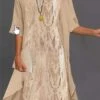 Women's Two Piece Dress Set Shift Dress Swing Dress Outdoor Date Fashion Elegant Print Maxi Dress Crew Neck 3/4 Length Sleeve Floral Loose Fit Khaki Fall Spring S M L XL XXL