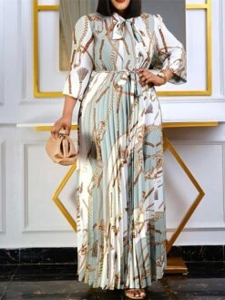 Women‘s Plus Size Curve Work Dress Print Crew Neck Print Long Sleeve Fall Spring Fashion Elegant Maxi Long Dress Formal Work Dress