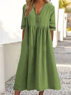 Women‘s Casual Dress Cotton Linen Dress Caftan Dress Swing Dress Midi Dress Cotton Blend Basic Classic Outdoor Daily Vacation V Neck Ruched Hollow Out Half Sleeve Summer Spring Fall 2023 -HAYz Clothing Shop jflmuv1681213047759