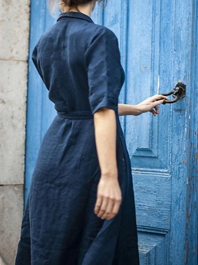 Women's Casual Dress Cotton Linen Dress Swing Dress Maxi Long Dress Cotton Blend Stylish Elegant Daily Holiday Vacation Shirt Collar Lace Up Pocket Half Sleeve Summer Spring 2022 Regular Fit Yellow 2 Women's Casual Dress Cotton Linen Dress Swing Dress Maxi Long Dress Cotton Blend Stylish Elegant Daily Holiday Vacation Shirt Collar Lace Up Pocket Half Sleeve Summer Spring 2022 Regular Fit Yellow - Image 2