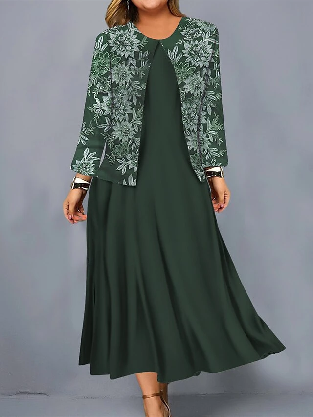 Women's Plus Size Curve Casual Dress Dress Set Two Piece Dress Floral Midi Dress Long Sleeve Print Crew Neck Mature Outdoor Wine Navy Blue Fall Winter L XL XXL 3XL 4XL 4 Women's Plus Size Curve Casual Dress Dress Set Two Piece Dress Floral Midi Dress Long Sleeve Print Crew Neck Mature Outdoor Wine Navy Blue Fall Winter L XL XXL 3XL 4XL - Image 4