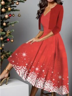 Women's Two Piece Dress Set Casual Dress Swing Dress Outdoor Christmas Fashion Elegant Print Midi Dress V Neck Half Sleeve Christmas Tree Snowflake Regular Fit Wine Red Navy Blue Fall Winter S M L XL -HAYz Clothing Shop jfzuzf1697181062319