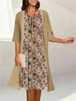 Women's Two Piece Dress Set Casual Dress Print Dress Outdoor Daily Fashion Elegant Print Midi Dress Crew Neck 3/4 Length Sleeve Floral Loose Fit Black Yellow Purple Summer Spring S M L XL XXL -HAYz Clothing Shop jgakln1690171229867