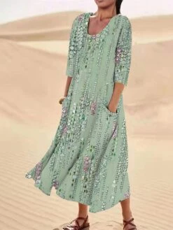 Women's Casual Dress Cotton Linen Dress Midi Dress Polyester Fashion Casual Daily Outdoor Daily Vacation Crew Neck Pocket Print Half Sleeve Summer Spring Fall 2023 Loose Fit ArmyGreen White Red Leaf -HAYz Clothing Shop jgbxsw1690365370530