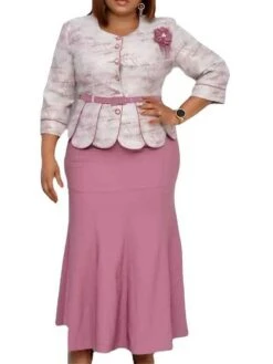 Women‘s Plus Size Curve Work Dress Tie Dye Crew Neck 3/4 Length Sleeve Spring Fall Fashion Elegant Mature Maxi Long Dress Office Work Dress