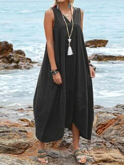 Women's Casual Dress Cotton Dress Swing Dress Maxi Long Dress Cotton Blend Basic Classic Outdoor Daily V Neck Pocket Sleeveless Summer Spring 2023 Regular Fit Black Wine Khaki Plain S M L XL 2XL -HAYz Clothing Shop jgjudw1686713214058