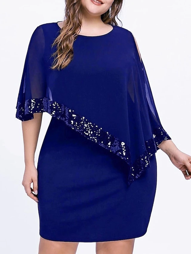 Women‘s Plus Size Curve Sequin Dress Work Dress Sheath Dress Solid Color Mini Dress Long Sleeve Crew Neck Fashion Evening Party Black Yellow Summer Spring L XL XXL 3XL 4XL 4 Women‘s Plus Size Curve Sequin Dress Work Dress Sheath Dress Solid Color Mini Dress Long Sleeve Crew Neck Fashion Evening Party Black Yellow Summer Spring L XL XXL 3XL 4XL - Image 4