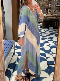 Women's Casual Dress A Line Dress Summer Dress Long Dress Maxi Dress Polyester Fashion Streetwear Outdoor Daily Date V Neck Pocket Split Long Sleeve Summer Spring Fall 2023 Regular Fit Blue Geometric -HAYz Clothing Shop jglixv1682665939356