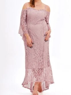 Women's Plus Size Prom Dress Party Dress Lace Dress Long Dress Maxi Dress Black Pink Wine Long Sleeve Pure Color Lace Spring Fall Winter Cold Shoulder Fashion Wedding Guest Birthday Evening Party 2023 -HAYz Clothing Shop jgqutj1693535476455