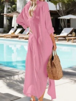 Women's Casual Dress Cotton Linen Dress Shift Dress Midi Dress Cotton Fashion Traditional / Vintage Outdoor Daily Vacation V Neck Ruched Button Long Sleeve Fall Winter Autumn 2023 Loose Fit Pink Plain -HAYz Clothing Shop jgugoe1693475212463