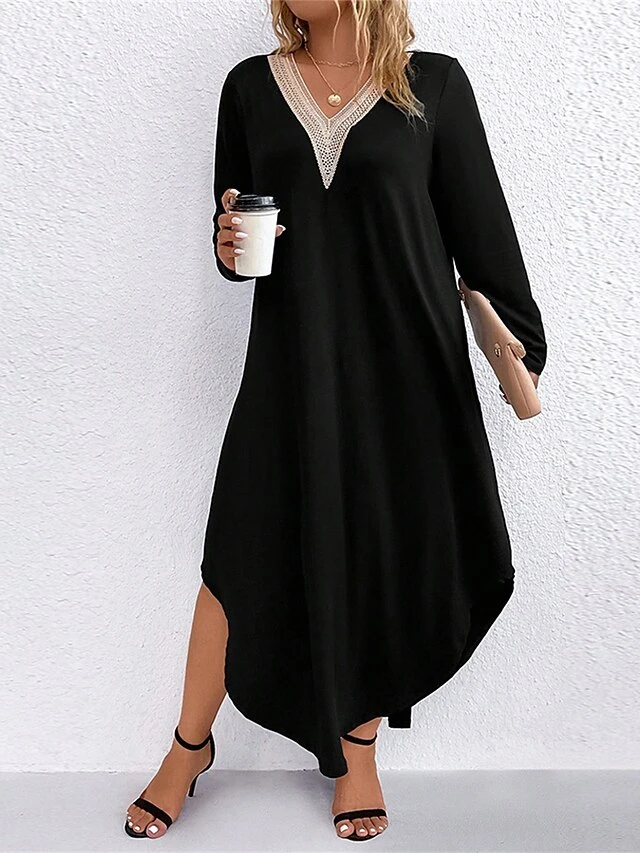 Women's Plus Size Curve Casual Dress Swing Dress Black Dress Color Block Midi Dress Long Sleeve Patchwork Asymmetric V Neck Fashion Outdoor Black Fall Winter XL XXL 3XL 4 Women's Plus Size Curve Casual Dress Swing Dress Black Dress Color Block Midi Dress Long Sleeve Patchwork Asymmetric V Neck Fashion Outdoor Black Fall Winter XL XXL 3XL - Image 4