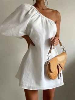 Women's Casual Dress Cotton Linen Dress White Dress Mini Dress Linen / Cotton Blend Basic Classic Outdoor Daily Vacation One Shoulder Basic Long Sleeve Summer Spring Fall 2023 Regular Fit Black White