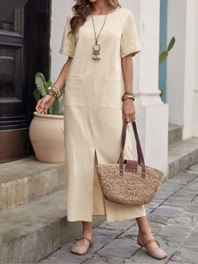 Women's Casual Dress Cotton Linen Dress Shift Dress Midi Dress Cotton Blend Fashion Classic Outdoor Daily Vacation Crew Neck Pocket Split Short Sleeve Summer Spring 2023 Loose Fit ArmyGreen Wine Navy 1 Women's Casual Dress Cotton Linen Dress Shift Dress Midi Dress Cotton Blend Fashion Classic Outdoor Daily Vacation Crew Neck Pocket Split Short Sleeve Summer Spring 2023 Loose Fit ArmyGreen Wine Navy