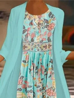 Women's Two Piece Dress Set Casual Dress Chiffon Dress Outdoor Daily Fashion Casual Print Maxi Dress Crew Neck 3/4 Length Sleeve Floral Loose Fit Pink Blue Summer Spring S M L XL XXL -HAYz Clothing Shop jhssws1679467488981