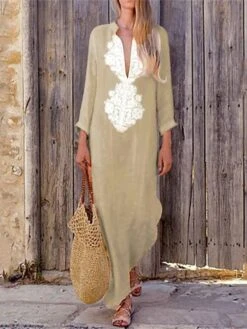 Women's Casual Dress Cotton Linen Dress Shift Dress Maxi Long Dress Cotton Blend Basic Casual Outdoor Daily Vacation V Neck Print Long Sleeve Summer Spring Fall 2023 Loose Fit Yellow Sky Blue Khaki