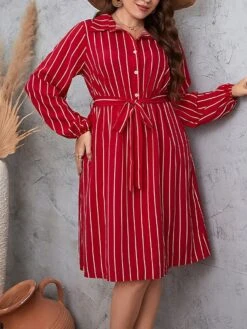 Women's Plus Size Shirt Dress Casual Dress Tunic Dress Maxi Long Dress Outdoor Daily Date Polyester Basic Classic Shirt Collar Button Tie Belt Long Sleeve Spring Fall Winter 2023 Loose Fit Red Striped 5 Women's Plus Size Shirt Dress Casual Dress Tunic Dress Maxi Long Dress Outdoor Daily Date Polyester Basic Classic Shirt Collar Button Tie Belt Long Sleeve Spring Fall Winter 2023 Loose Fit Red Striped -HAYz Clothing Shop jhyzuc1693535892713