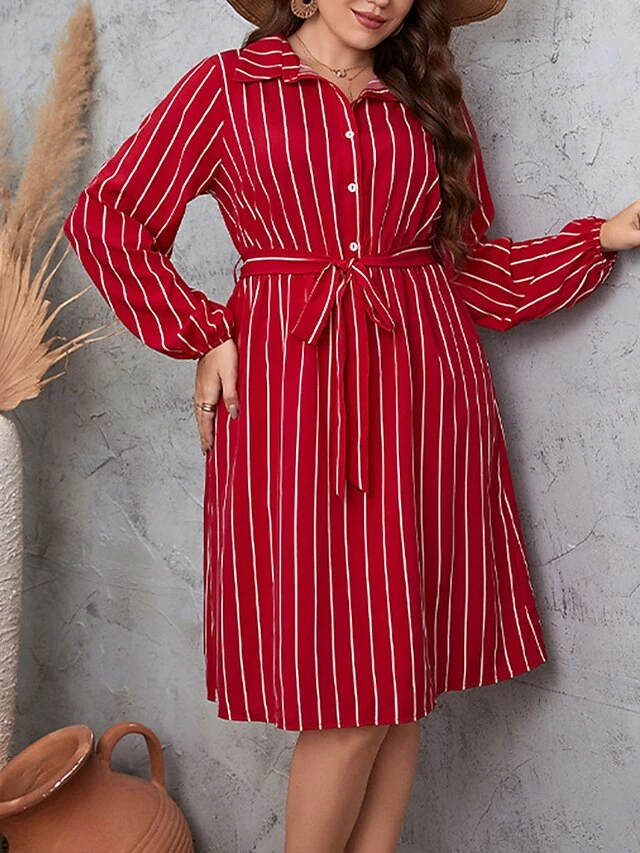 Women's Plus Size Shirt Dress Casual Dress Tunic Dress Maxi Long Dress Outdoor Daily Date Polyester Basic Classic Shirt Collar Button Tie Belt Long Sleeve Spring Fall Winter 2023 Loose Fit Red Striped 3 Women's Plus Size Shirt Dress Casual Dress Tunic Dress Maxi Long Dress Outdoor Daily Date Polyester Basic Classic Shirt Collar Button Tie Belt Long Sleeve Spring Fall Winter 2023 Loose Fit Red Striped - Image 3
