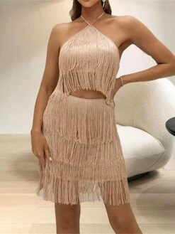 Women's Two Piece Dress Set Party Dress Skirt Set Party Holiday Fashion Party Tassel Fringe Backless Mini Dress Halter Neck Sleeveless Plain Slim Khaki Spring Fall S M L -HAYz Clothing Shop jiddgu1692945866397