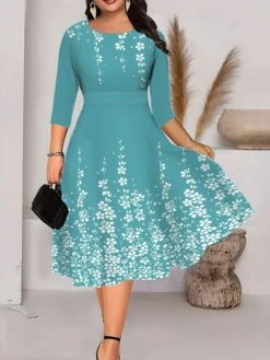 Women‘s Plus Size Curve Work Dress Swing Dress A Line Dress Fashion Midi Dress Print Crew Neck 3/4 Length Sleeve Floral Regular Fit Blue Fuchsia Green Summer Fall L XL XXL 3XL 4XL -HAYz Clothing Shop jidlmv1690962492621