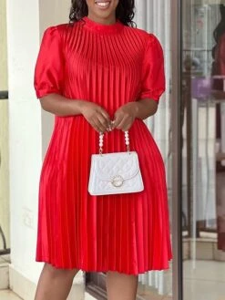 Women‘s Plus Size Curve Casual Dress Shift Dress Solid Color Midi Dress Short Sleeve Ruched Pleated Stand Collar Fashion Daily White Red Summer Spring L XL 2XL 3XL -HAYz Clothing Shop jidxlx1678184666321