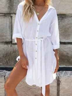 Women's Shirt Dress Casual Dress Cotton Linen Dress Mini Dress Linen / Cotton Blend Fashion Modern Outdoor Daily Vacation Shirt Collar Lace Up Button 3/4 Length Sleeve Summer Spring Fall 2023 Regular -HAYz Clothing Shop jivgpk1689232563677