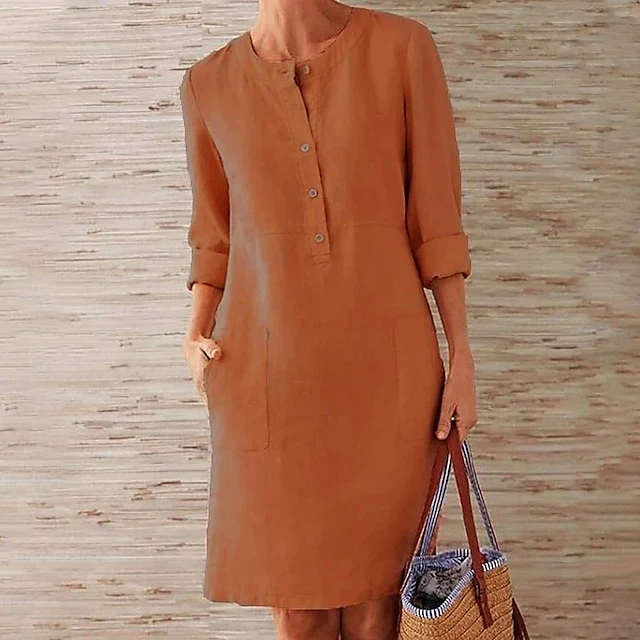 Women‘s Casual Dress Cotton Linen Dress Shift Dress Knee Length Dress Gray Khaki Orange Dark Gray Long Length Sleeve Pure Color Pocket Button Spring Summer Fall Crew Neck Basic Loose S M L XL XXL 13 Women‘s Casual Dress Cotton Linen Dress Shift Dress Knee Length Dress Gray Khaki Orange Dark Gray Long Length Sleeve Pure Color Pocket Button Spring Summer Fall Crew Neck Basic Loose S M L XL XXL - Image 13