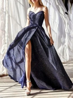 Women‘s Plus Size Curve Party Dress Solid Color Strapless Split Sleeveless Spring Fall Prom Dress Maxi Long Dress Party Daily Dress Ruched Loose -HAYz Clothing Shop jjkvme1657709782623