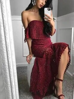 Women's Lace Dress Dress Set Two Piece Dress Long Dress Maxi Dress White Wine Dark Blue Short Sleeve Pure Color Lace Summer Spring Strapless Stylish Slim 2023 S M L XL -HAYz Clothing Shop jkizwg1639730457292