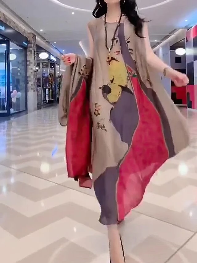 Women's Two Piece Dress Set Casual Dress Swing Dress Daily Holiday Fashion Casual Print Long Dress Maxi Dress Crew Neck 3/4 Length Sleeve Leaf Floral Loose Fit Yellow Red Dark Green Summer Spring M L 6 Women's Two Piece Dress Set Casual Dress Swing Dress Daily Holiday Fashion Casual Print Long Dress Maxi Dress Crew Neck 3/4 Length Sleeve Leaf Floral Loose Fit Yellow Red Dark Green Summer Spring M L - Image 6