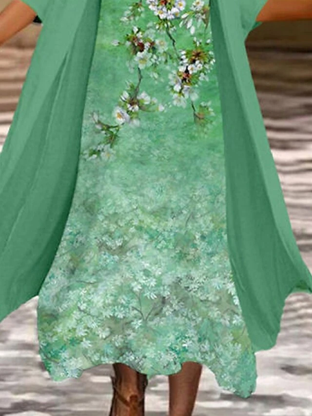 Women's Two Piece Dress Set Casual Dress Chiffon Dress Outdoor Office Fashion Casual Print Midi Dress Crew Neck 3/4 Length Sleeve Floral Loose Fit Blue Green Summer Spring M L XL XXL 3XL 3 Women's Two Piece Dress Set Casual Dress Chiffon Dress Outdoor Office Fashion Casual Print Midi Dress Crew Neck 3/4 Length Sleeve Floral Loose Fit Blue Green Summer Spring M L XL XXL 3XL - Image 3