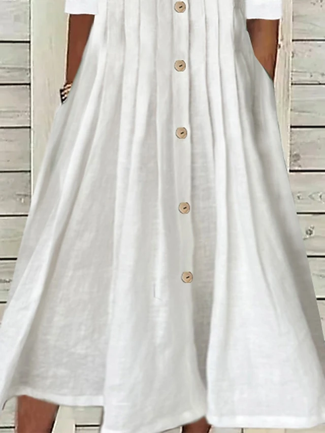 Women's Cotton Linen Dress Swing Dress Midi Dress Cotton And Linen Fashion Modern Daily Vacation Crew Neck Pleated Button Half Sleeve Summer Spring 2023 Regular Fit White Pink Blue Pure Color S M L 7 Women's Cotton Linen Dress Swing Dress Midi Dress Cotton And Linen Fashion Modern Daily Vacation Crew Neck Pleated Button Half Sleeve Summer Spring 2023 Regular Fit White Pink Blue Pure Color S M L - Image 7