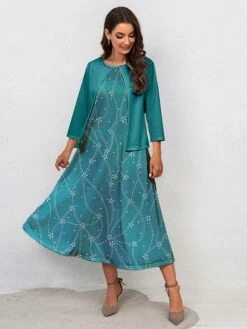 Women's Two Piece Dress Set Casual Dress Swing Dress Outdoor Office Fashion Streetwear Print Midi Dress Crew Neck 3/4 Length Sleeve Floral Regular Fit Wine Blue Fall Winter S M L XL XXL -HAYz Clothing Shop jkyodt1697770546170